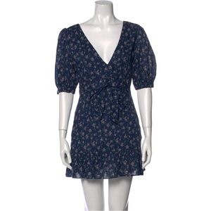 Loveshackfancy navy blue floral puff sleeve bow front v-neck mini dress